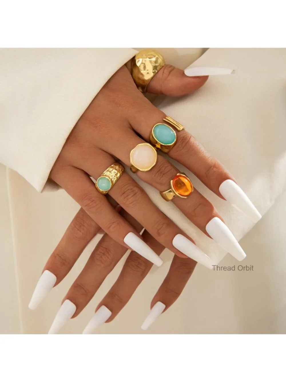 Chunky Gold Gemstone Ring Set Adjustable Stackable Statement Rings Geometric